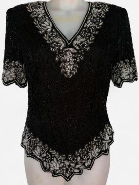 Vintage Laurence Kazar black and silver beaded silk top
